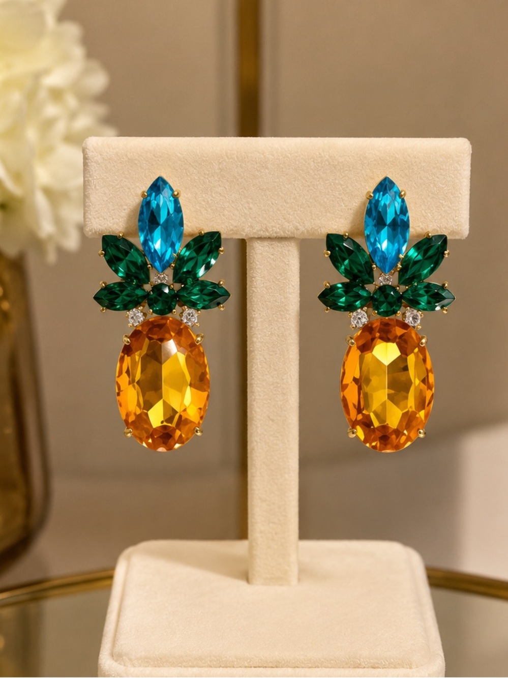 Green & Gold Pineapple Crystal Earrings